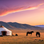 **Prompt:** A vast Mongolian steppe landscape at sunset, featuring a traditional ger (yurt) in the distance, with horses grazing peacefully. The sky is a blend of orange, purple, and pink hues. Capture the feeling of serenity and connection with nature, reminiscent of excursions in Sierra de Guadarrama.