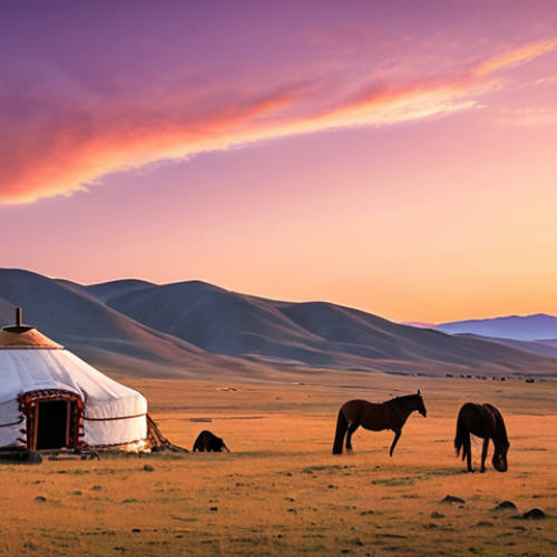 Home 11 **Prompt:** A vast Mongolian steppe landscape at sunset, featuring a traditional ger (yurt) in the distance, with horses grazing peacefully. The sky is a blend of orange, purple, and pink hues. Capture the feeling of serenity and connection with nature, reminiscent of excursions in Sierra de Guadarrama.