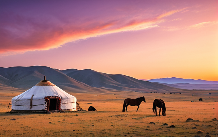 **Prompt:** A vast Mongolian steppe landscape at sunset, featuring a traditional ger (yurt) in the distance, with horses grazing peacefully. The sky is a blend of orange, purple, and pink hues. Capture the feeling of serenity and connection with nature, reminiscent of excursions in Sierra de Guadarrama.