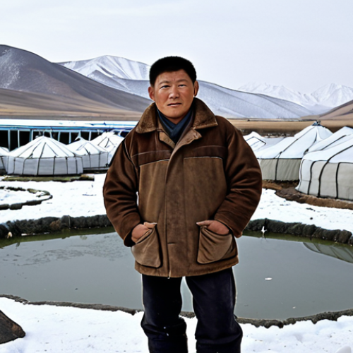 Home 6 **
A Mongolian fish farmer standing proudly next to a fish pond covered by a greenhouse, in a snowy landscape. The pond contains Mongolian carp. In the background, rolling hills and traditional Mongolian yurts are visible. The scene emphasizes innovation and adaptation to the harsh climate.
**