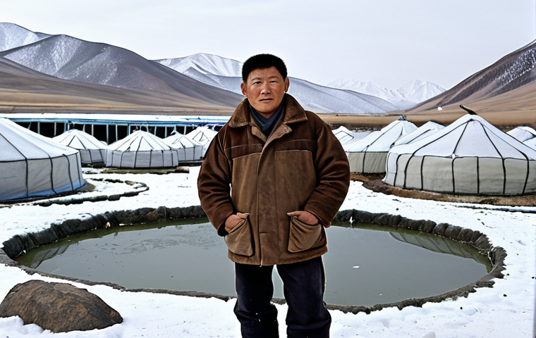**
A Mongolian fish farmer standing proudly next to a fish pond covered by a greenhouse, in a snowy landscape. The pond contains Mongolian carp. In the background, rolling hills and traditional Mongolian yurts are visible. The scene emphasizes innovation and adaptation to the harsh climate.
**