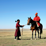 A professional Mongol rider, fully clothed in modest, functional traditional attire, dismounting at a 'Yam' relay station on a vast, windswept steppe. The rider is handing a sealed scroll to another fully clothed, professional Mongol messenger, both depicted with perfect anatomy, correct proportions, and natural poses. Simple wooden structures of the station and fresh horses are visible in the background, under a clear morning sky, emphasizing efficient communication and logistical mastery. appropriate content, safe for work, family-friendly, well-formed hands, proper finger count, natural body proportions.