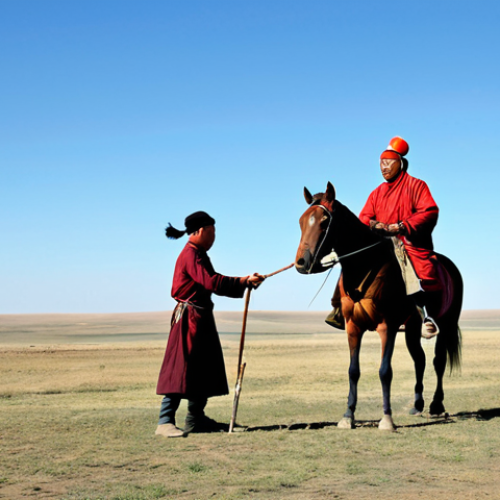 Home 30 A professional Mongol rider, fully clothed in modest, functional traditional attire, dismounting at a 'Yam' relay station on a vast, windswept steppe. The rider is handing a sealed scroll to another fully clothed, professional Mongol messenger, both depicted with perfect anatomy, correct proportions, and natural poses. Simple wooden structures of the station and fresh horses are visible in the background, under a clear morning sky, emphasizing efficient communication and logistical mastery. appropriate content, safe for work, family-friendly, well-formed hands, proper finger count, natural body proportions.
