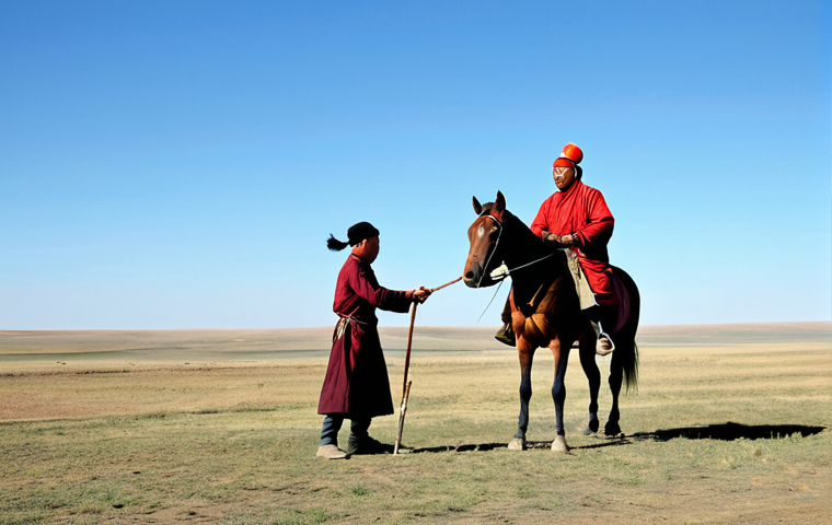 A professional Mongol rider, fully clothed in modest, functional traditional attire, dismounting at a 'Yam' relay station on a vast, windswept steppe. The rider is handing a sealed scroll to another fully clothed, professional Mongol messenger, both depicted with perfect anatomy, correct proportions, and natural poses. Simple wooden structures of the station and fresh horses are visible in the background, under a clear morning sky, emphasizing efficient communication and logistical mastery. appropriate content, safe for work, family-friendly, well-formed hands, proper finger count, natural body proportions.