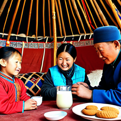 Home 29 Nomadic Hospitality**
A warm interior scene inside a traditional Mongolian ger (yurt), a fully clothed family (mother, father, child) sharing suutei tsai (salty milk tea) and boortsog (fried cookies), modest clothing, soft natural light, perfect anatomy, natural proportions, professional photography, safe for work, appropriate content, family-friendly. Background should show traditional Mongolian decorations.
**