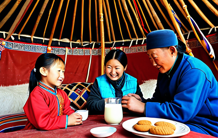Nomadic Hospitality**

A warm interior scene inside a traditional Mongolian ger (yurt), a fully clothed family (mother, father, child) sharing suutei tsai (salty milk tea) and boortsog (fried cookies), modest clothing, soft natural light, perfect anatomy, natural proportions, professional photography, safe for work, appropriate content, family-friendly. Background should show traditional Mongolian decorations.

**