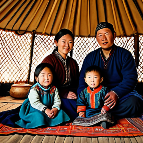 Home 28 **
"A nomadic family in Mongolia, fully clothed in traditional deel clothing, inside their ger (yurt). Warm lighting, intricate patterns on the textiles, safe for work, appropriate content, perfect anatomy, natural pose, modest clothing, professional photography, high quality."
**