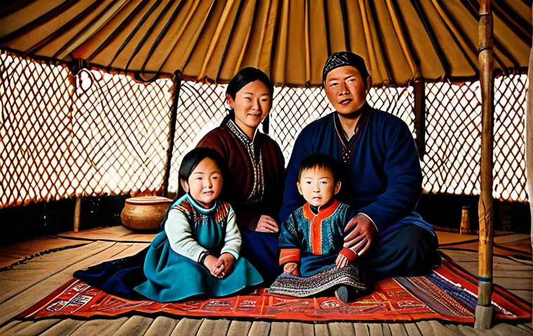 **

"A nomadic family in Mongolia, fully clothed in traditional deel clothing, inside their ger (yurt). Warm lighting, intricate patterns on the textiles, safe for work, appropriate content, perfect anatomy, natural pose, modest clothing, professional photography, high quality."

**