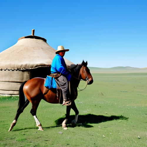 Home 27 Mongolian Steppe Scene**
"A Mongolian nomad, fully clothed in a traditional blue deel with a wide leather belt, riding a horse across the vast steppe. In the background, a traditional ger (yurt) is visible. The sky is a clear, vibrant blue. Perfect anatomy, correct proportions, natural pose, well-formed hands. Safe for work, appropriate content, fully clothed, family-friendly, professional photography, high quality."
**
