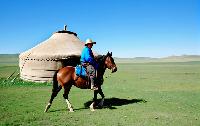 Mongolian Steppe Scene**

"A Mongolian nomad, fully clothed in a traditional blue deel with a wide leather belt, riding a horse across the vast steppe. In the background, a traditional ger (yurt) is visible. The sky is a clear, vibrant blue. Perfect anatomy, correct proportions, natural pose, well-formed hands. Safe for work, appropriate content, fully clothed, family-friendly, professional photography, high quality."

**