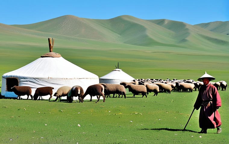 Nomadic Herder**

A Mongolian nomadic herder, fully clothed in traditional deel (robe) and hat, tending to a herd of sheep on the vast, green steppes of Mongolia, appropriate attire, ger (yurt) visible in the distance, clear blue sky, safe for work, perfect anatomy, natural pose, professional photography, high quality, family-friendly.

**