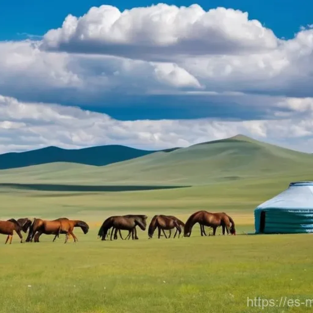 몽골 여행 가이드 - **Vast Mongolian Steppe with Nomadic Life:** A wide-angle, panoramic shot of the sprawling, lush gre...