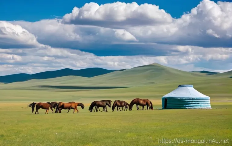몽골 여행 가이드 - **Vast Mongolian Steppe with Nomadic Life:** A wide-angle, panoramic shot of the sprawling, lush gre...