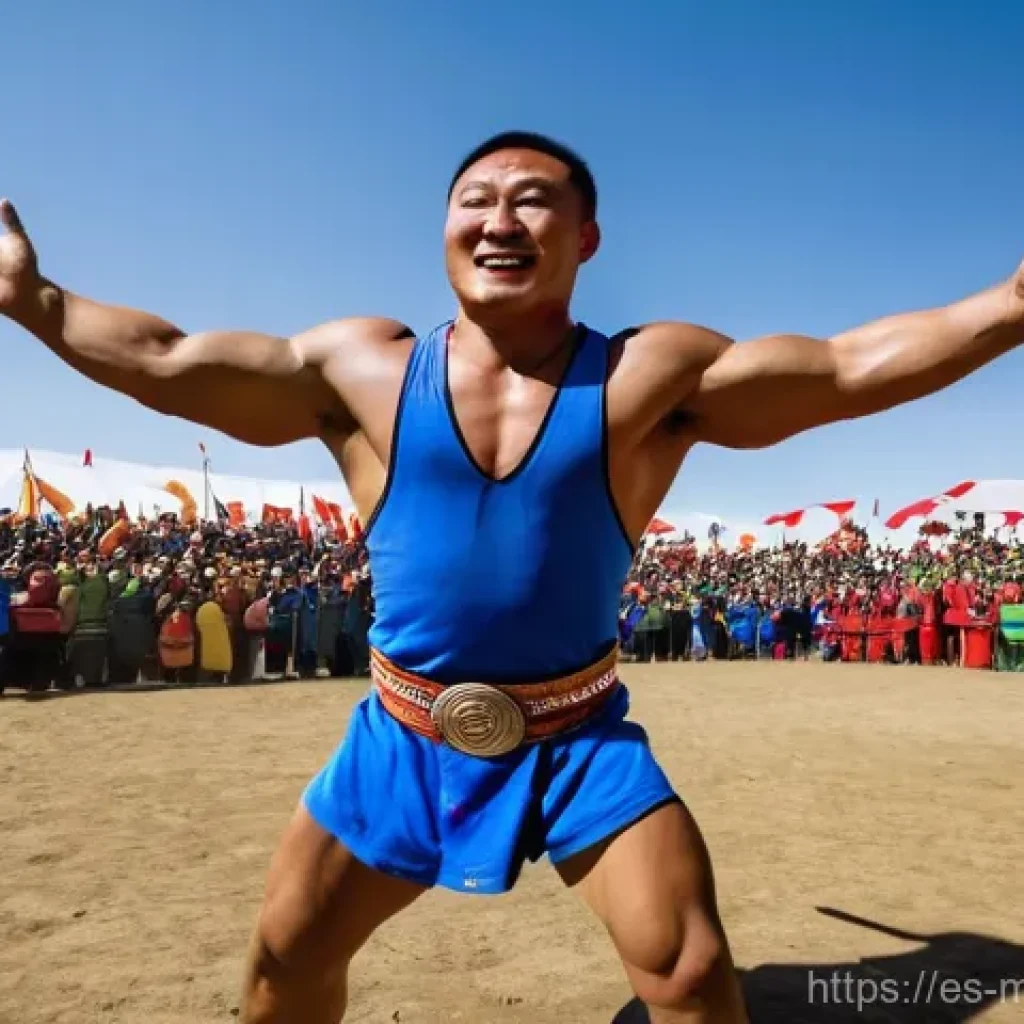 몽골 전통 놀이 - **Dynamic Bökh (Mongolian Wrestling) Victory Dance**
"A muscular Mongolian wrestler, wearing a t...