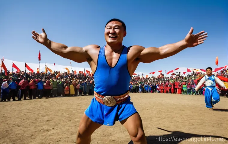 몽골 전통 놀이 - **Dynamic Bökh (Mongolian Wrestling) Victory Dance**
"A muscular Mongolian wrestler, wearing a t...