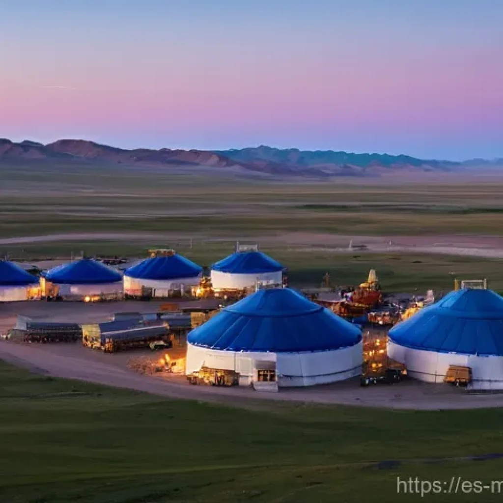 몽골의 주요 경제 성장 동력 - A vast, sweeping panorama of the Mongolian Gobi Desert at twilight. In the foreground, massive, stat...