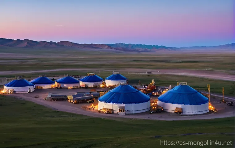 몽골의 주요 경제 성장 동력 - A vast, sweeping panorama of the Mongolian Gobi Desert at twilight. In the foreground, massive, stat...