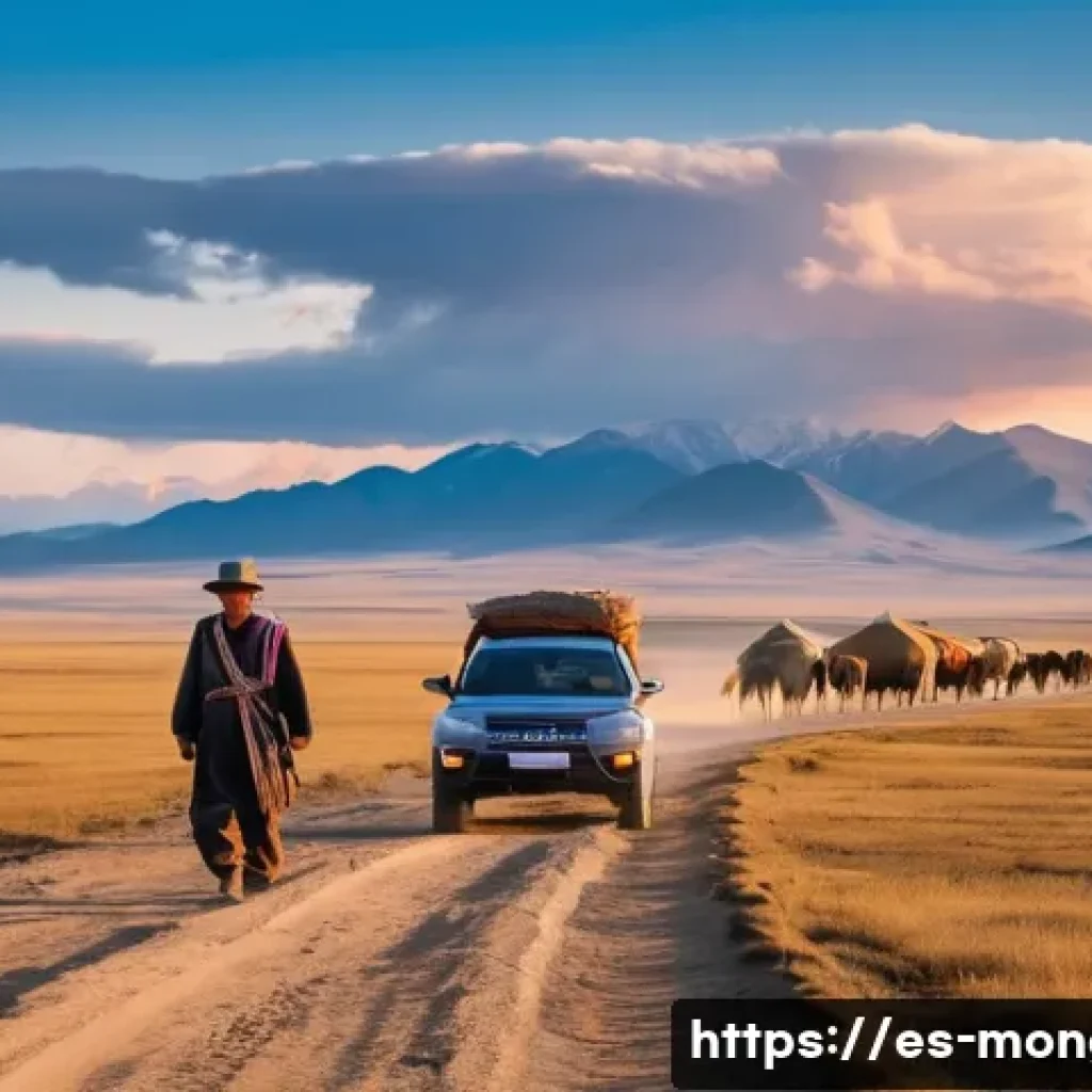 몽골 현지 가이드 고용법 - **Prompt: A wide shot capturing the immense beauty of the Mongolian steppe at golden hour. A sturdy ...