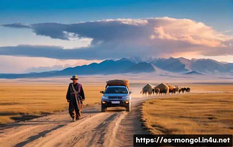 몽골 현지 가이드 고용법 - **Prompt: A wide shot capturing the immense beauty of the Mongolian steppe at golden hour. A sturdy ...