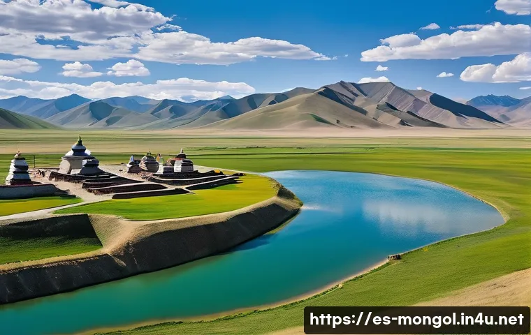몽골 고대 유적지 - A breathtaking panoramic view of the Orkhon Valley, showcasing the ancient ruins of Karakorum, the f...