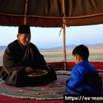 몽골의 전통적 사회 생활 - **Prompt: "A cozy and warm interior of a traditional Mongolian ger at dusk. A multi-generational Mon...