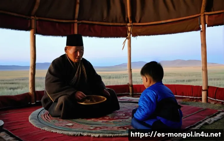 몽골의 전통적 사회 생활 - **Prompt: "A cozy and warm interior of a traditional Mongolian ger at dusk. A multi-generational Mon...