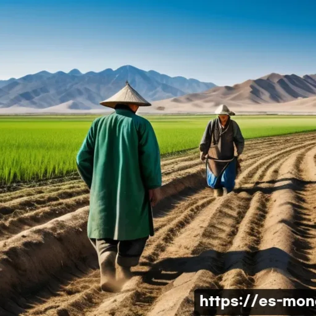 몽골 주요 농작물과 식재료 - A detailed scene of Mongolian farmers working in a vast, cold, and dry agricultural field during ear...