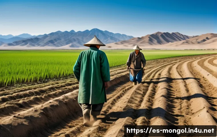 몽골 주요 농작물과 식재료 - A detailed scene of Mongolian farmers working in a vast, cold, and dry agricultural field during ear...
