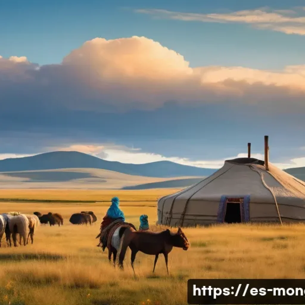 몽골 유목민 생활 속의 철학 - A serene Mongolian nomadic family scene in the vast steppe during early autumn, featuring traditiona...