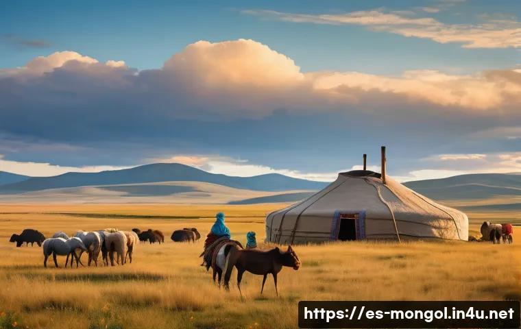 몽골 유목민 생활 속의 철학 - A serene Mongolian nomadic family scene in the vast steppe during early autumn, featuring traditiona...