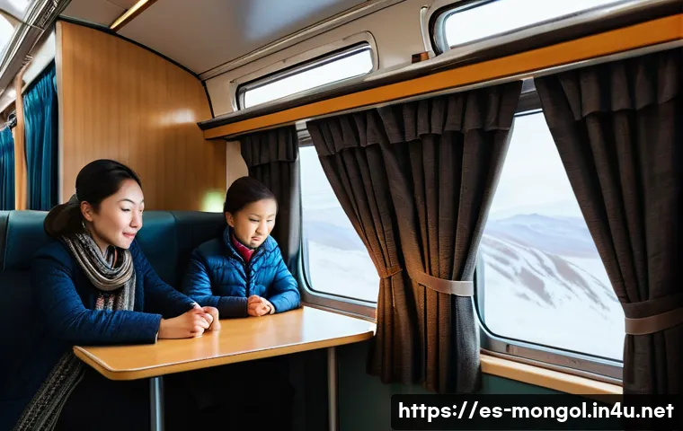 몽골로 가는 열차 티켓 구매법 - A detailed scene of a Transmongolian train interior in second-class (kupe) compartment, showing a co...