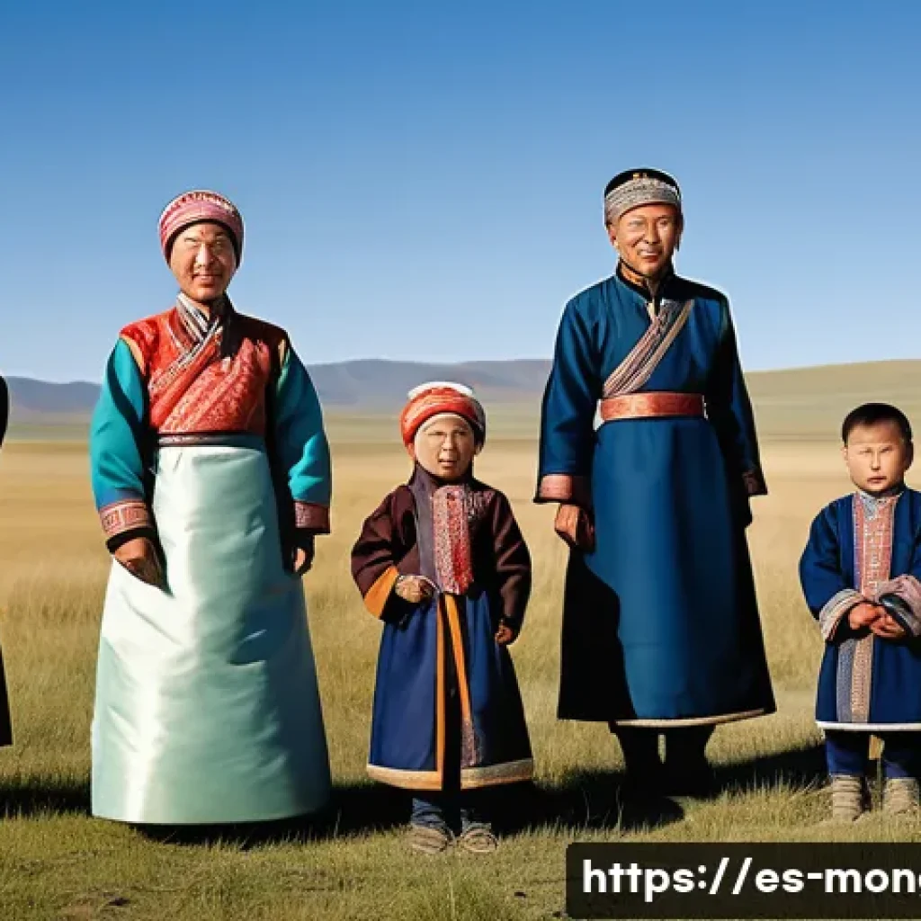몽골의 언어별 방언 - A detailed portrait of a traditional Mongolian family gathering in the northern region, featuring el...