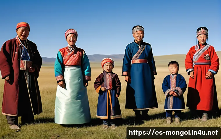 몽골의 언어별 방언 - A detailed portrait of a traditional Mongolian family gathering in the northern region, featuring el...