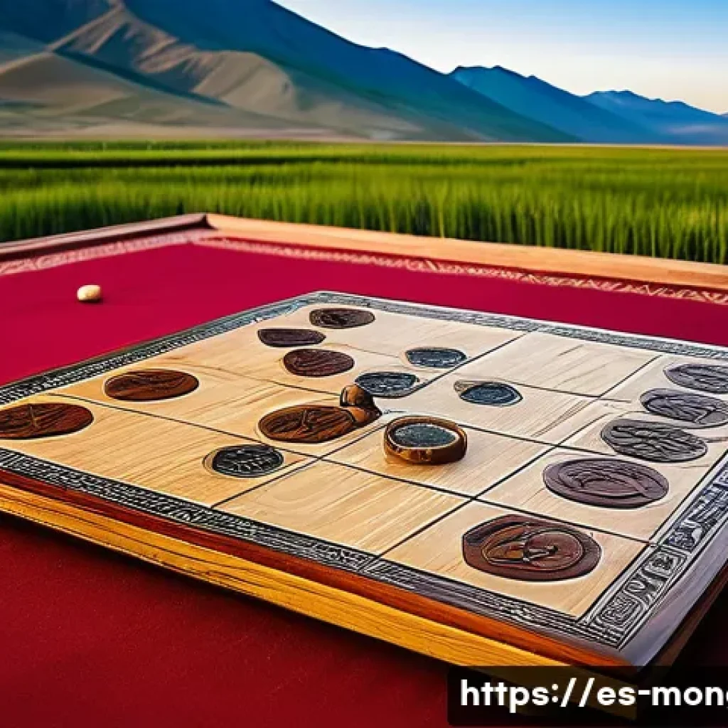 몽골 전통 보드 게임 - A traditional Mongolian wooden game board intricately hand-carved with cultural symbols and animal m...