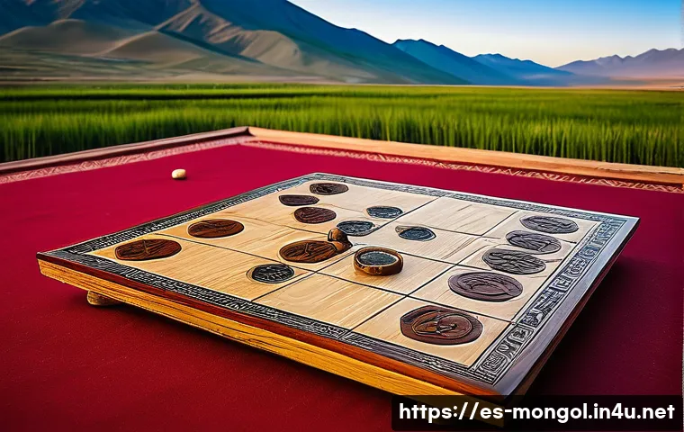 몽골 전통 보드 게임 - A traditional Mongolian wooden game board intricately hand-carved with cultural symbols and animal m...