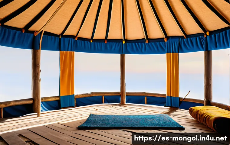 몽골 유목민의 전통적 주거 구조 - A traditional Mongolian ger (yurt) set in the vast steppes under a bright blue sky, showcasing its c...