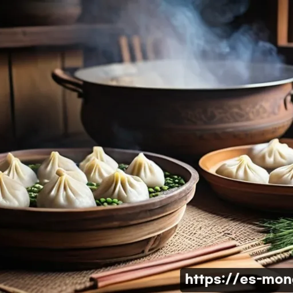 몽골 전통 요리 배우기 - A traditional Mongolian nomad kitchen scene showcasing a steaming bamboo basket filled with freshly ...