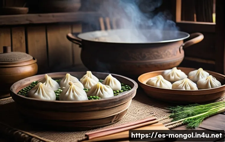 몽골 전통 요리 배우기 - A traditional Mongolian nomad kitchen scene showcasing a steaming bamboo basket filled with freshly ...