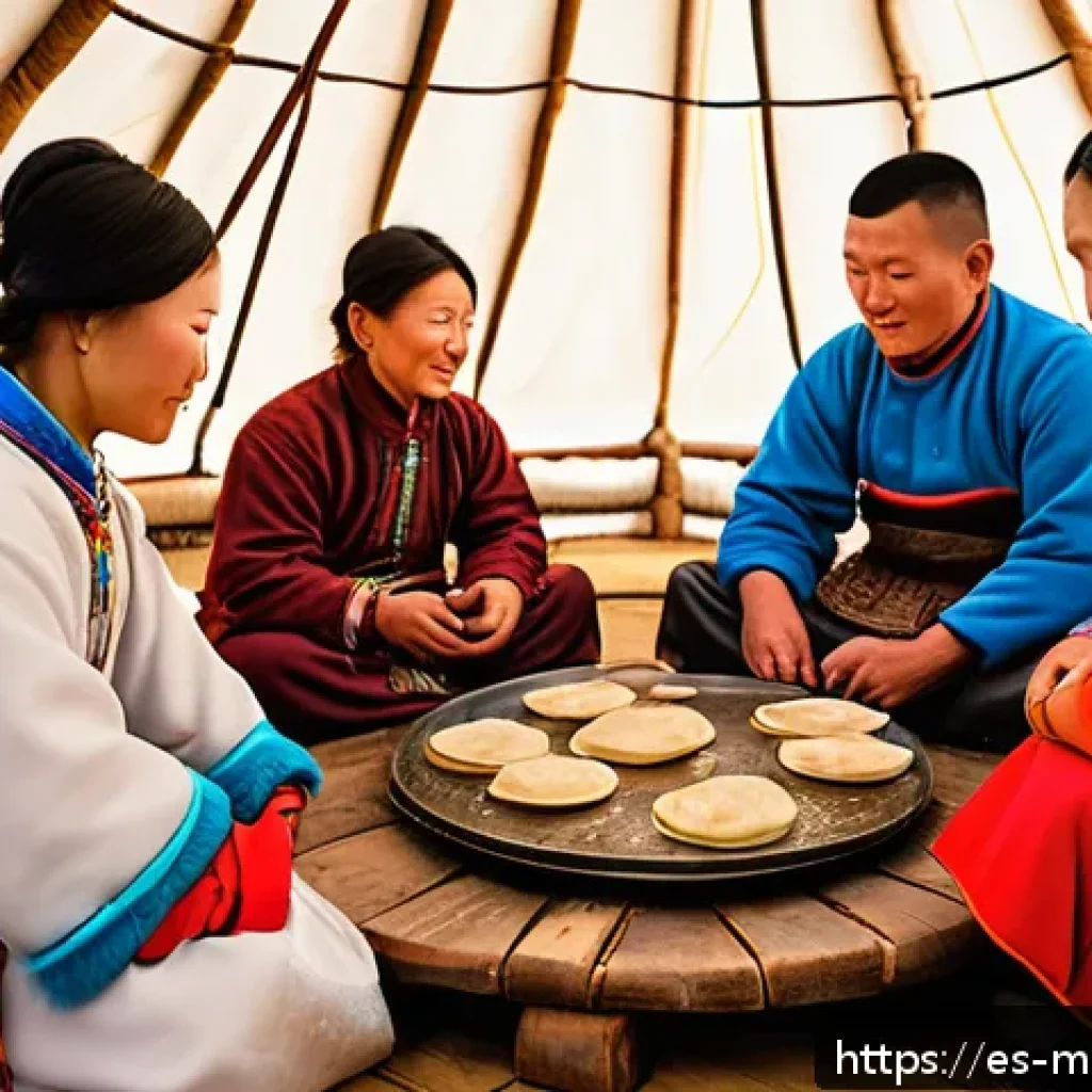 몽골의 전통 음식 문화 - A traditional Mongolian family gathered around a low wooden table inside a ger (yurt), sharing steam...