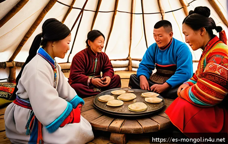 몽골의 전통 음식 문화 - A traditional Mongolian family gathered around a low wooden table inside a ger (yurt), sharing steam...