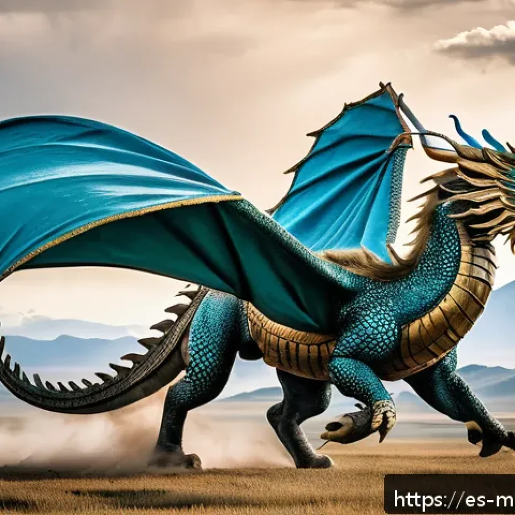 몽골 신화 속 동물 이야기 - A majestic Mongolian dragon soaring above the vast steppe under a dramatic sky, its scales shimmerin...