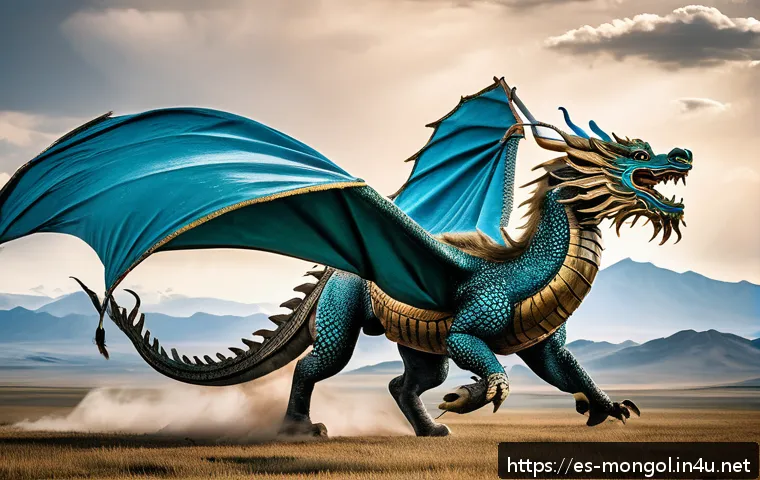 몽골 신화 속 동물 이야기 - A majestic Mongolian dragon soaring above the vast steppe under a dramatic sky, its scales shimmerin...