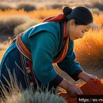 몽골의 전통 화장품 제조법 - A serene Mongolian steppe landscape under soft morning light, featuring native plants like sea buckt...