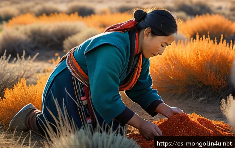 몽골의 전통 화장품 제조법 - A serene Mongolian steppe landscape under soft morning light, featuring native plants like sea buckt...