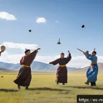 몽골에서의 독특한 놀이 - A vibrant outdoor scene in rural Mongolia showcasing traditional Mongolian games being played on an ...