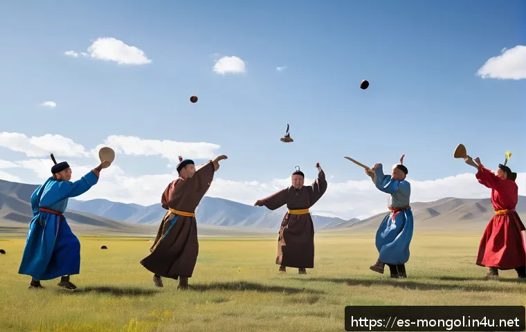 몽골에서의 독특한 놀이 - A vibrant outdoor scene in rural Mongolia showcasing traditional Mongolian games being played on an ...