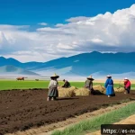 몽골 농업의 지속 가능성 - A traditional Mongolian rural farming scene showcasing farmers wearing modest traditional clothing a...