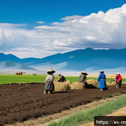 몽골 농업의 지속 가능성 - A traditional Mongolian rural farming scene showcasing farmers wearing modest traditional clothing a...