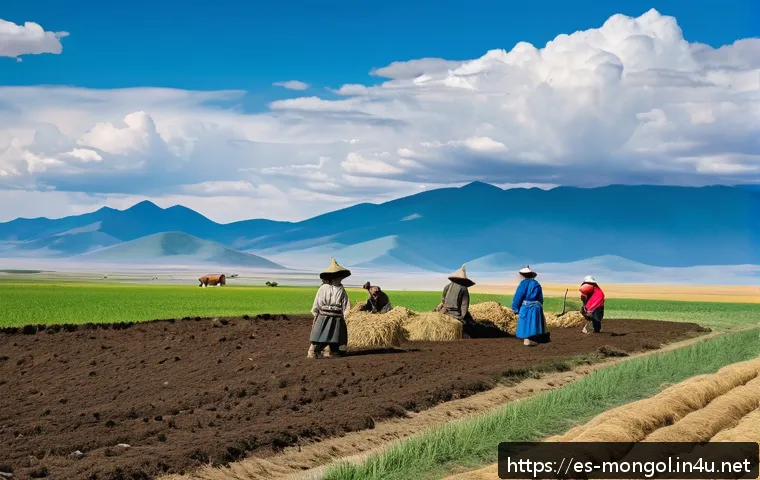 몽골 농업의 지속 가능성 - A traditional Mongolian rural farming scene showcasing farmers wearing modest traditional clothing a...