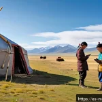 몽골 현대화의 역사 - A vibrant scene showing Mongolian nomads in traditional deels using smartphones and tablets outdoors...